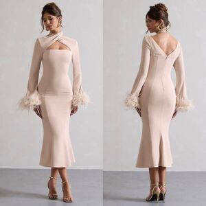 CLUB L London Monroe Champagne Cross Halter-Neck Midi Dress with Feather Cuffs -